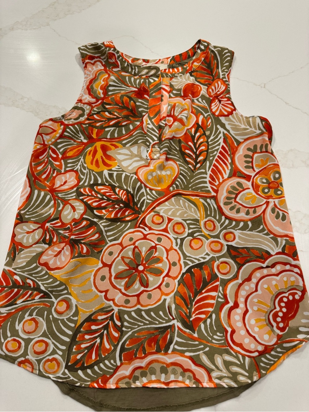 LOFT Olive Floral Sleeveless Camisole with Orange & Pink Accents
